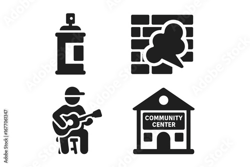 Urban culture and street art icon set. Solid glyph icons of graffiti spray can, mural on brick wall, street musician with guitar, and local community center building vector.