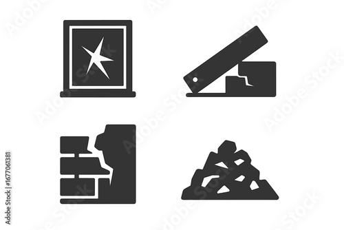 Urban disaster icon set. Solid glyph icons of city destruction, building demolition, and earthquake aftermath. Includes broken glass, collapsed wall, debris, and rubble pile.