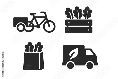 Urban farming solid icon set. Local food delivery, transport vector icons. Cargo bike, vegetable crate, grocery bag, eco truck. Organic produce, sustainable agriculture.