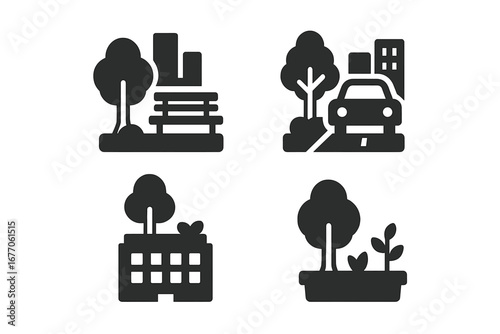 Urban forestry solid icon set. Green city, ecology and sustainable environment concept. Vector glyphs of city park, tree-lined street, rooftop garden, and sidewalk planter.