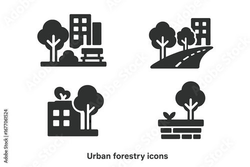 Urban forestry glyph icons set. Green city, sustainable development. City park, tree-lined street, rooftop garden, sidewalk planter solid vector symbols for urban planning.