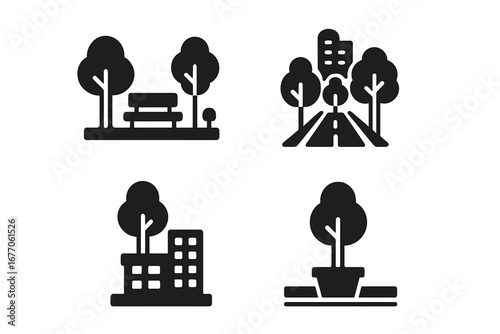 Urban forestry glyph icons set. Green city, eco friendly living and sustainable development concept. City park, tree-lined street, office building, planter. Vector pictograms.