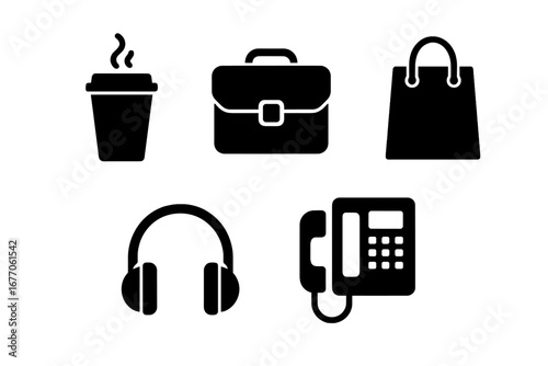 Urban lifestyle solid glyph icon set. City life and business symbols. Coffee cup, briefcase, shopping bag, headphones, and office phone icons for web and mobile design.