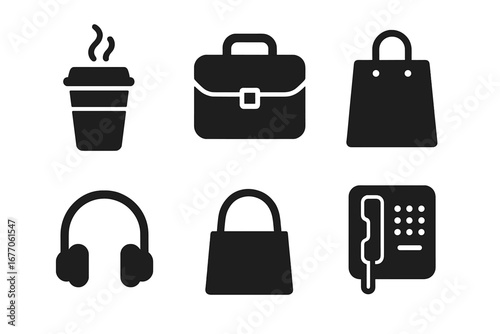 Urban lifestyle solid glyph icons. Work, business and commute symbols. Briefcase, coffee cup, shopping bag, headphones, purse, public phone. City life vector objects.