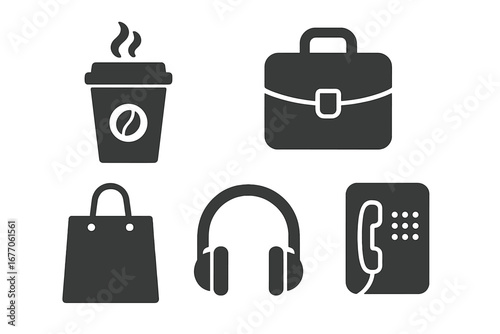 Urban lifestyle solid glyph icon set. Vector collection of city life symbols: coffee to go, business briefcase, shopping bag, headphones, public phone for daily routine.
