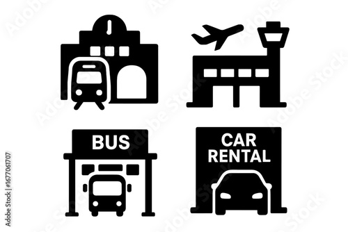 Urban mobility icon set. Transport hub pictograms. Train station, airport, bus depot, car rental. Solid glyphs for public transportation. Travel and city transit symbols.