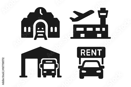 Urban mobility and public transport icon set. Solid glyph icons of travel hubs like train station, airport terminal, bus depot, and car rental service. Vector travel concept.