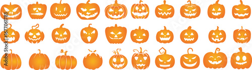 Halloween pumpkin icon set.Evil pumpkin symbol. Halloween decoration cartoon sign.Cute Creepy Spooky Halloween Pumpkin Fall Autumn Sticker Print Illustration.Halloween evil face vector illustration.