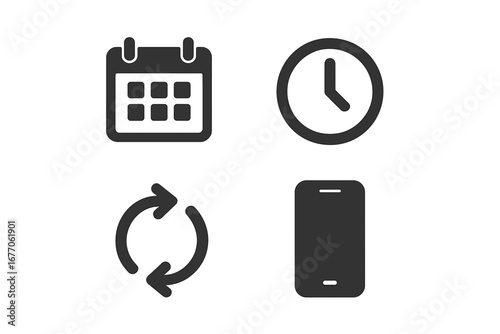 User behavior solid icon set. Concept of habits, routine, and time management. Includes calendar for schedule, clock for time, repeat arrow for cycle, and mobile phone vector.