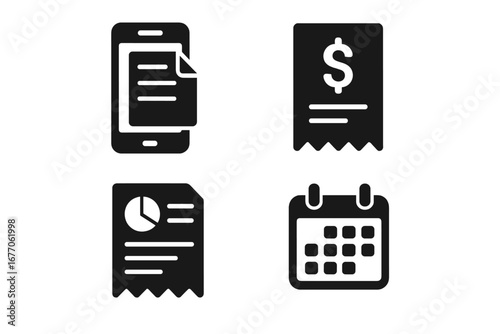 Utility bill icon set. Solid glyph vector. Mobile invoice, payment receipt, cost breakdown report, due date calendar. Finance management, budget planning, expense tracking.