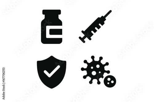 Vaccination and immunity icon set. Health care vector symbols. Vaccine vial, syringe for injection, protection shield and virus. Immunization and disease prevention concept.