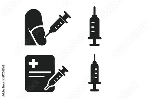 Vaccine and immunization solid icon set. Vector glyphs of injection, patient arm shot, syringe with needle, and vaccination record or health certificate for medical design.