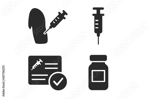 Vaccination icon set. Immunization concept vector. Vaccine injection in arm, syringe with needle, dose vial, and medical record. Proof of vaccination. Health care symbol glyph.