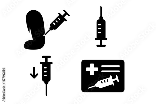Vaccination and immunization solid glyph icon set. Syringe injection into patient arm, vaccine dose, and health passport. Medical icons for disease prevention and immunity.