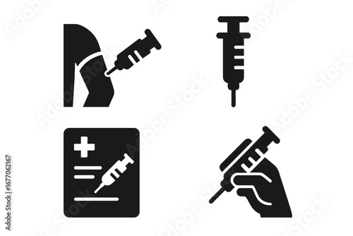 Vaccine glyph icon set. Syringe injection in arm, immunization record, health passport. Medical and healthcare vector symbols for vaccination campaign or certificate.