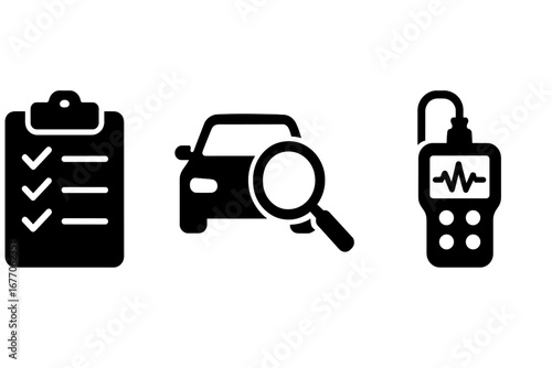 Car diagnostic and vehicle inspection icon set. Auto service, maintenance report and checklist. Automobile with magnifying glass and OBD scanner tool for engine analysis vector.