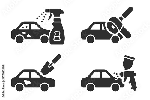 Car body repair glyph icons set. Vehicle restoration tasks. Rust remover spray, sanding machine, auto body filler putty, car primer paint gun. Automobile service pictograms.
