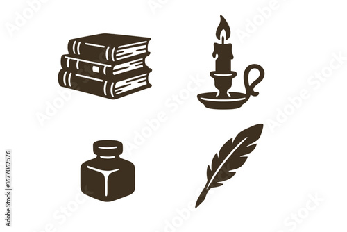 Vintage writer icon set with old book stack, candlestick, ink bottle, and quill pen. Retro library, literature, history, education, and poetry concept. Antique author tools.