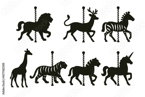 Carousel animals vector icon set. Vintage fairground merry-go-round silhouette collection with horse, lion, deer, zebra, giraffe, tiger, unicorn. Amusement park ride element.