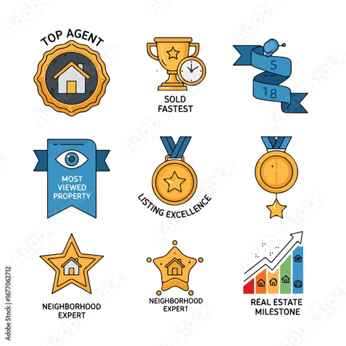 Flat vector icons of real estate awards and achievements: top agent badge, sold fastest trophy, most viewed property ribbon, listing excellence medal, neighborhood expert star, real estate milestone
