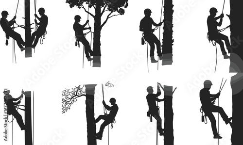Tree climber safety techniques, arborist rope climbing, tree maintenance illustration, arboriculture gear, worker with harness, forest safety, technical training