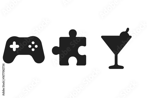 Virtual activities icon set. Online entertainment and remote social life concept. Game controller for gaming, puzzle piece for problem solving, and cocktail for virtual party.
