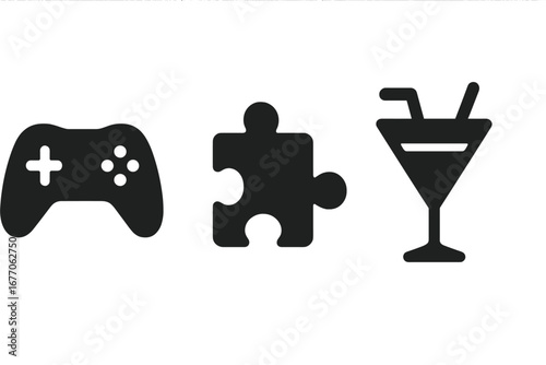 Virtual activities icon set. Solid glyph icons of a game controller, puzzle piece, cocktail glass. Concept for online social events, remote party, gaming, teamwork, happy hour.