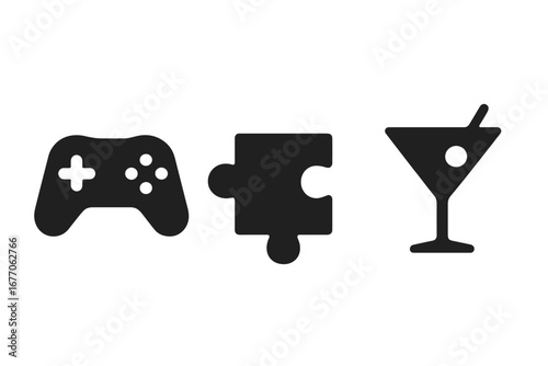 Virtual activities icon set for online party and remote events. Game controller, puzzle, and cocktail for digital entertainment, team building, or happy hour. Solid vector icons.