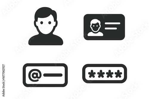 User account login and registration solid icon set. Vector symbols for virtual identity, digital ID card, avatar profile, username, and secure password authentication field.