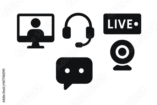 Virtual event and webinar solid icon set. Live streaming, video conference, and online meeting symbols. Headset, webcam, chat, and computer screen pictogram collection.