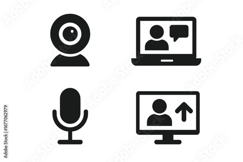 Virtual meeting solid icon set. Online communication glyphs for web and mobile. Video conference, webinar, and remote work symbols. Webcam, laptop chat, mic, screen share.