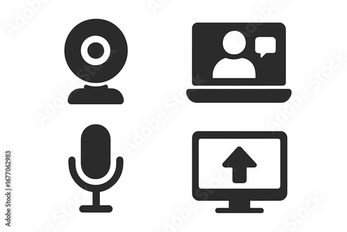 Virtual meeting solid glyph icon set. Webcam, microphone, and laptop for video call and online conference. Screen sharing and webinar communication symbols. Business vector signs.