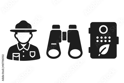 Wildlife conservation vector icon set. Solid glyph icons of forest ranger, binoculars, and wildlife camera trap for monitoring. Ecology, nature protection, and biodiversity.