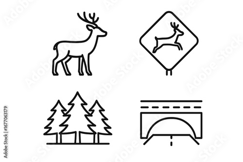 Wildlife corridor icon set. Animal crossing infrastructure. Deer silhouette. Road safety sign. Forest habitat. Highway underpass. Ecology. Conservation. Vector outline icons.