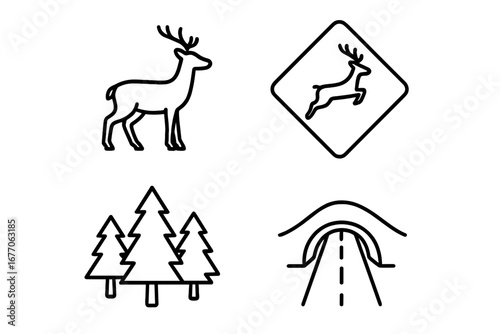 Wildlife corridor line icon set. Vector concepts for conservation and ecology. Includes deer, animal crossing sign, forest patch, highway underpass, and habitat bridge.