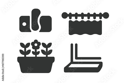 Window details solid glyph icon set. Vector graphic symbols of home decor and accessories. Window latch, curtain rod, flower box, and window sill for interior design concepts.