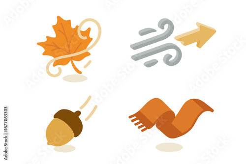 Windy autumn icon set. Isometric vector illustration collection. Fall weather symbols. Swirling maple leaf, wind gust arrow, falling acorn, flying scarf. Seasonal design elements.