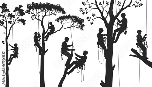 Tree climbers working in forest, arborist rope techniques, tree climbing safety, professional arboriculture training, workers with harness, forest canopy operation