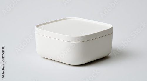 A square, white storage container with a lid.  Features a smooth, simple design