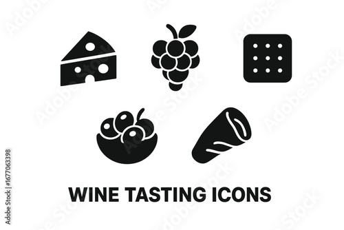Wine tasting snacks icon set. Solid glyph vector illustrations of cheese, grapes, cracker, olives, and prosciutto. Food pairing for winery, bar, restaurant menu or event.