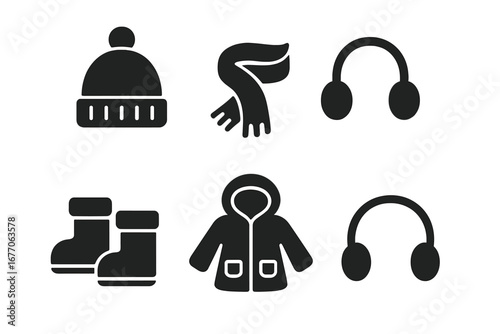 Winter kids clothes icon set. Solid glyph vector icons of children's warm clothing and gear. Beanie hat, scarf, boots, jacket, earmuffs. Cold weather fashion symbols.