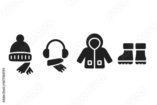 Kids winter clothes solid icon set. Vector glyphs of children's cold weather gear apparel. Beanie hat, scarf, earmuffs, hooded jacket, snow boots. Outdoor wear symbols.