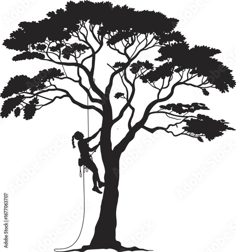 Tree climbing silhouette, rope access arborist, motivational ascend concept, arboriculture climber illustration, forest worker safety gear, outdoor training image