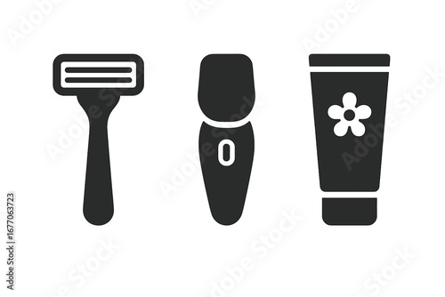 Hair removal vector icons. Womens shaving, epilation, depilation concepts. Body care, beauty, hygiene. Razor, bikini trimmer, cream tube glyphs. Personal grooming tools.