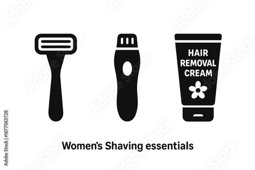 Women's hair removal icon set. Shaving essentials concept. Body care, hygiene and grooming. Leg razor, bikini trimmer, epilator, hair removal cream. Vector glyph icons.