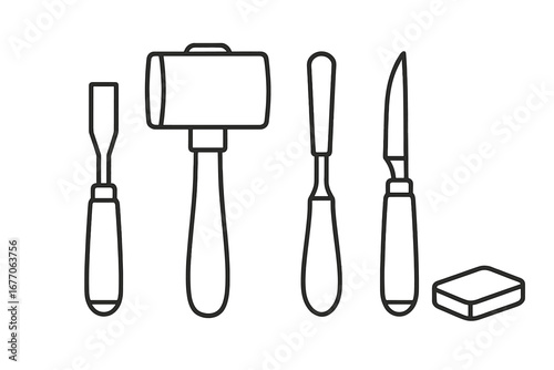 Wood carving tools outline icon set. Woodworking and carpentry equipment. Vector line art illustration of chisel, mallet, gouge, knife, and sharpening stone for craft hobby.