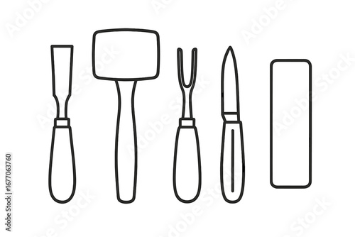Wood carving tools outline icon set. Vector collection for woodworking, carpentry, and craft. Includes chisel, mallet, gouge, carving knife, and sharpening stone for DIY.