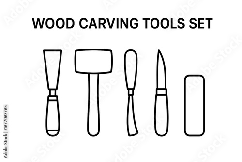 Wood carving tools outline icon set. Vector collection of woodworking and carpentry equipment. Chisel, gouge, mallet, knife, and sharpening stone for hobby craft or DIY project.