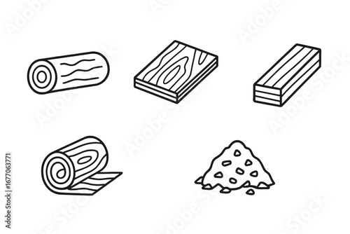 Wood products icon set. Outline vector icons of timber materials. Log, lumber plank, veneer roll, wood board and wood chip pile. Carpentry and woodworking symbols.