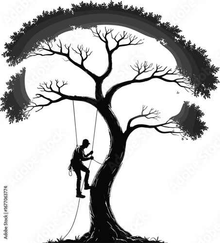 Tree climbing silhouette, rope access arborist, motivational ascend concept, arboriculture climber illustration, forest worker safety gear, outdoor training image